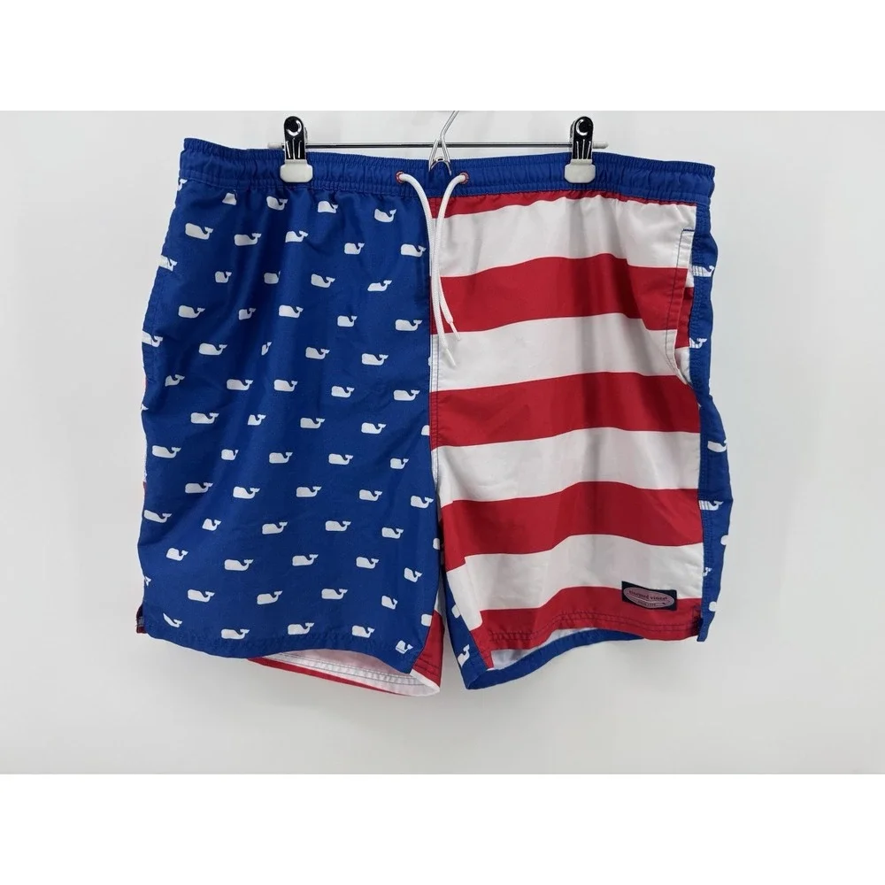 Vineyard Vines Men's Swim Shorts XXL USA Whale Striped Red White Blue Drawstring